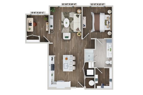 Floor plan for 1 bed, 1 bath, 891 sqft